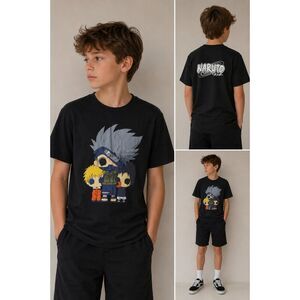 Naruto Anime Graphic T-Shirt Boys Sz M Black Cotton Tee Kakashi Character Shirt